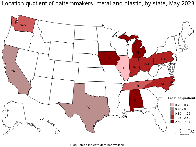 Map of location quotient of patternmakers, metal and plastic by state, May 2023