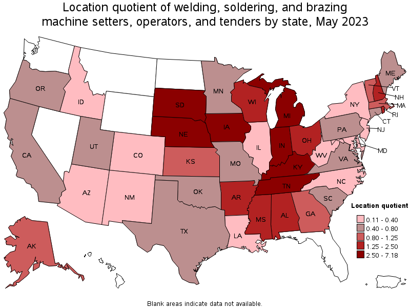 Map of location quotient of welding, soldering, and brazing machine setters, operators, and tenders by state, May 2023