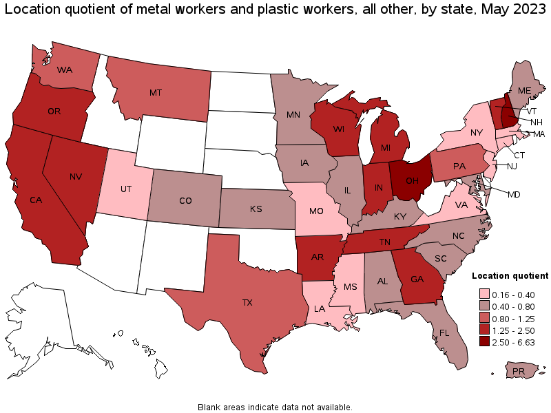 Map of location quotient of metal workers and plastic workers, all other by state, May 2023