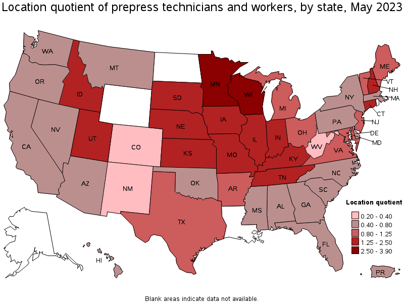Map of location quotient of prepress technicians and workers by state, May 2023