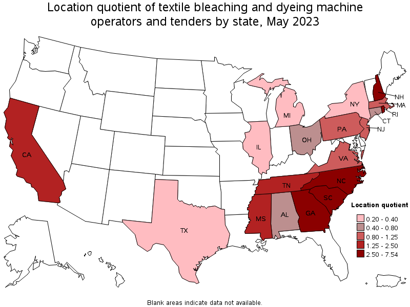 Map of location quotient of textile bleaching and dyeing machine operators and tenders by state, May 2023