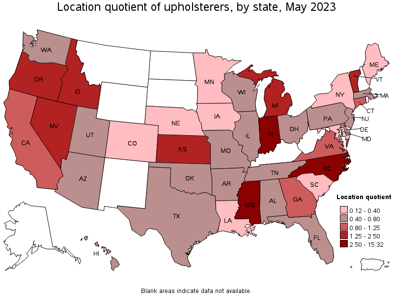 Map of location quotient of upholsterers by state, May 2023