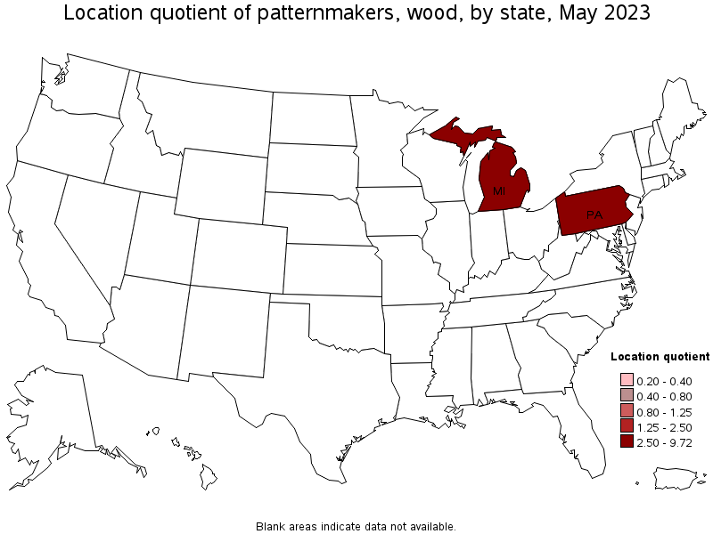 Map of location quotient of patternmakers, wood by state, May 2023
