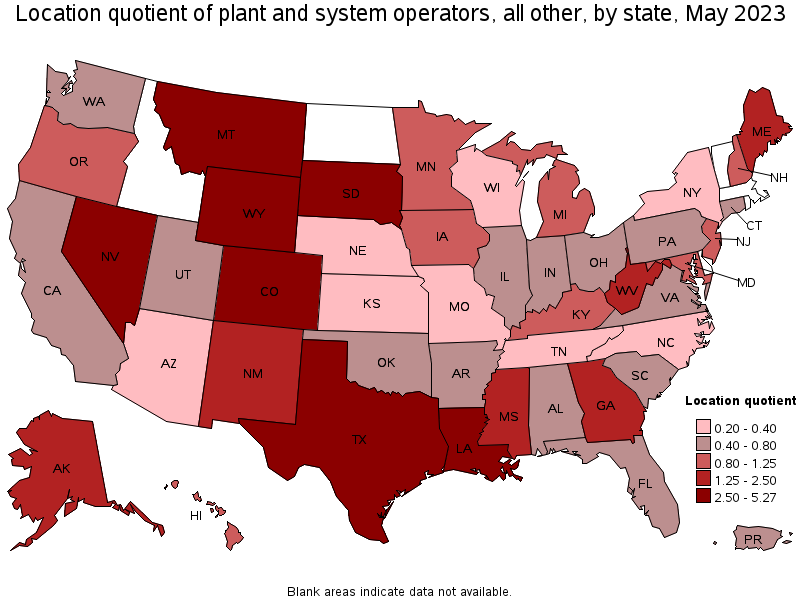 Map of location quotient of plant and system operators, all other by state, May 2023