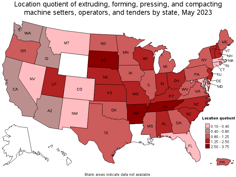Map of location quotient of extruding, forming, pressing, and compacting machine setters, operators, and tenders by state, May 2023