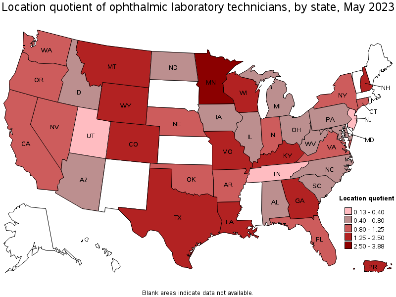 Map of location quotient of ophthalmic laboratory technicians by state, May 2023