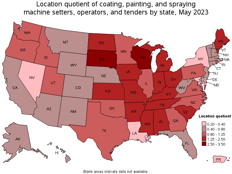 Map of location quotient of coating, painting, and spraying machine setters, operators, and tenders by state, May 2023