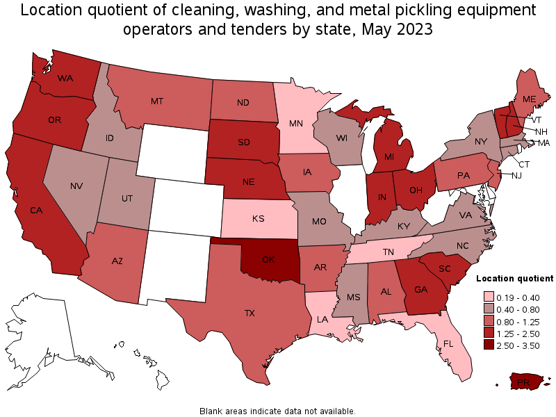 Map of location quotient of cleaning, washing, and metal pickling equipment operators and tenders by state, May 2023
