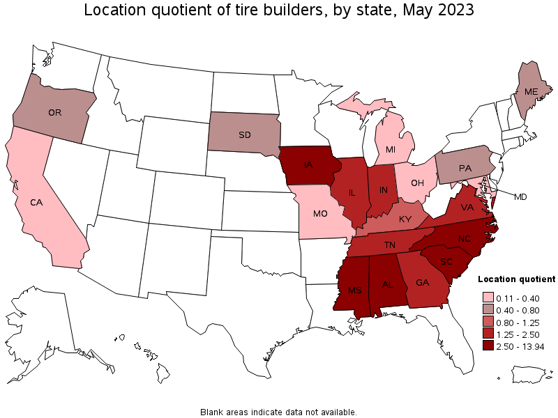 Map of location quotient of tire builders by state, May 2023