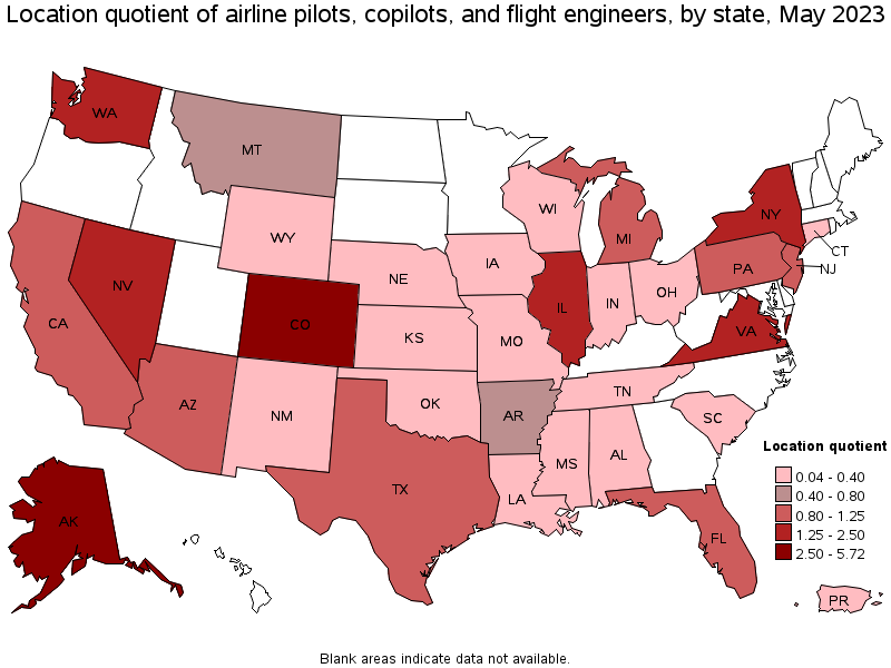 Map of location quotient of airline pilots, copilots, and flight engineers by state, May 2023