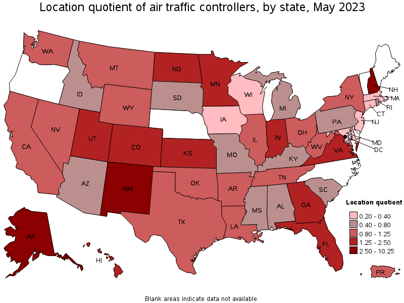Map of location quotient of air traffic controllers by state, May 2023