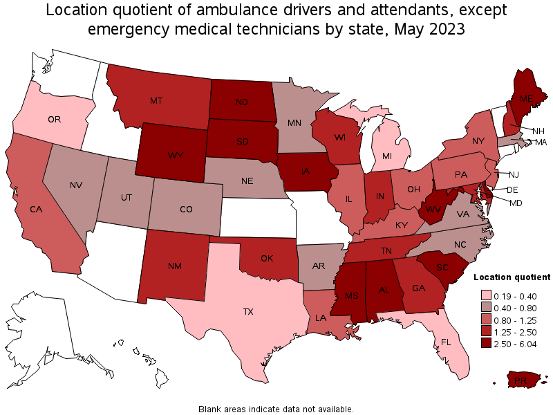 Map of location quotient of ambulance drivers and attendants, except emergency medical technicians by state, May 2023
