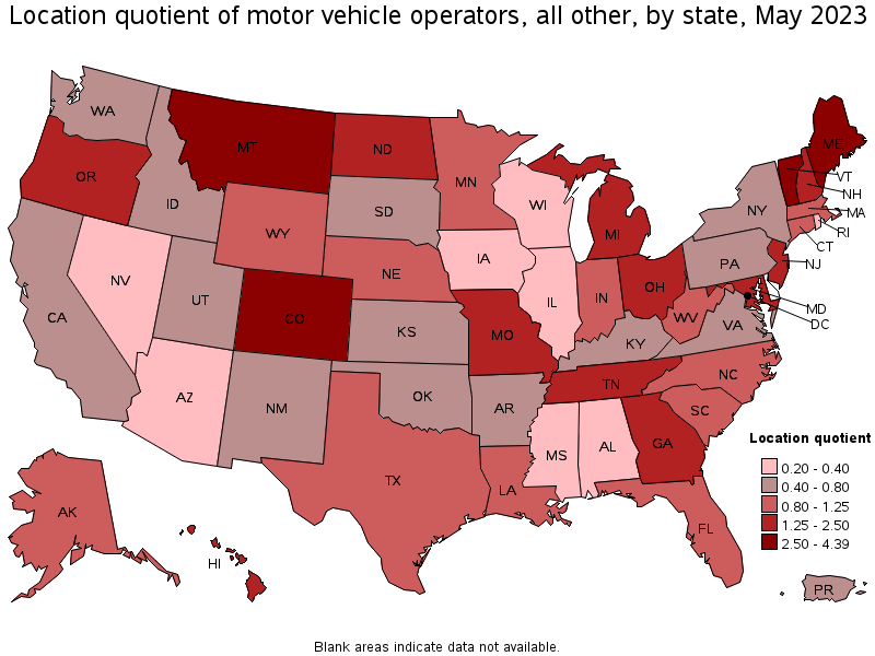 Map of location quotient of motor vehicle operators, all other by state, May 2023