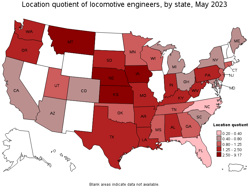 Map of location quotient of locomotive engineers by state, May 2023