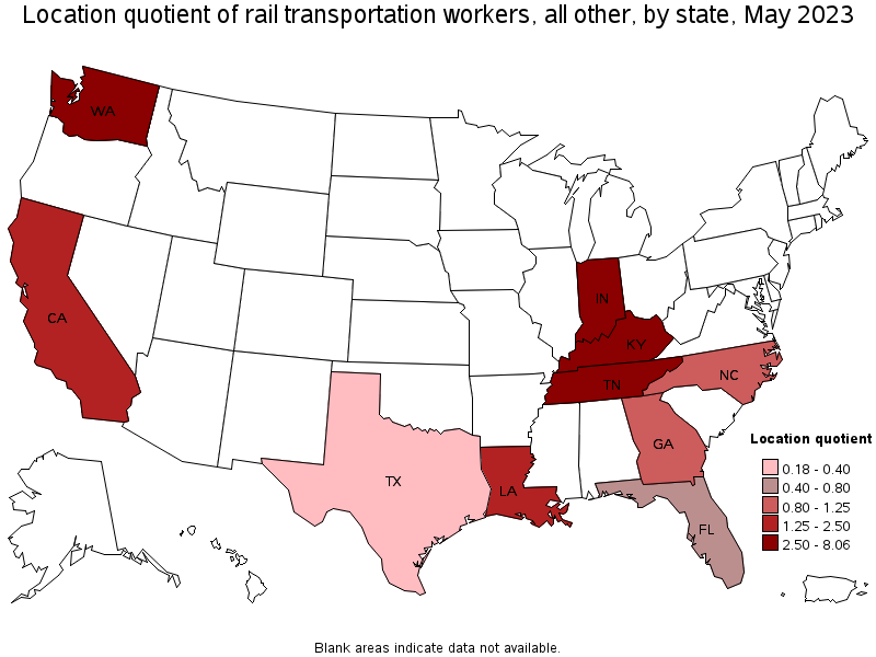 Map of location quotient of rail transportation workers, all other by state, May 2023