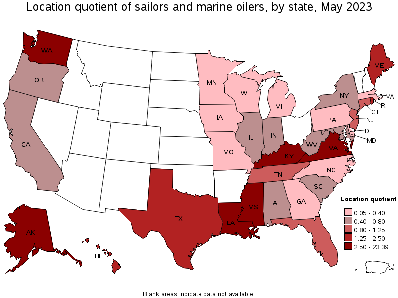 Map of location quotient of sailors and marine oilers by state, May 2023