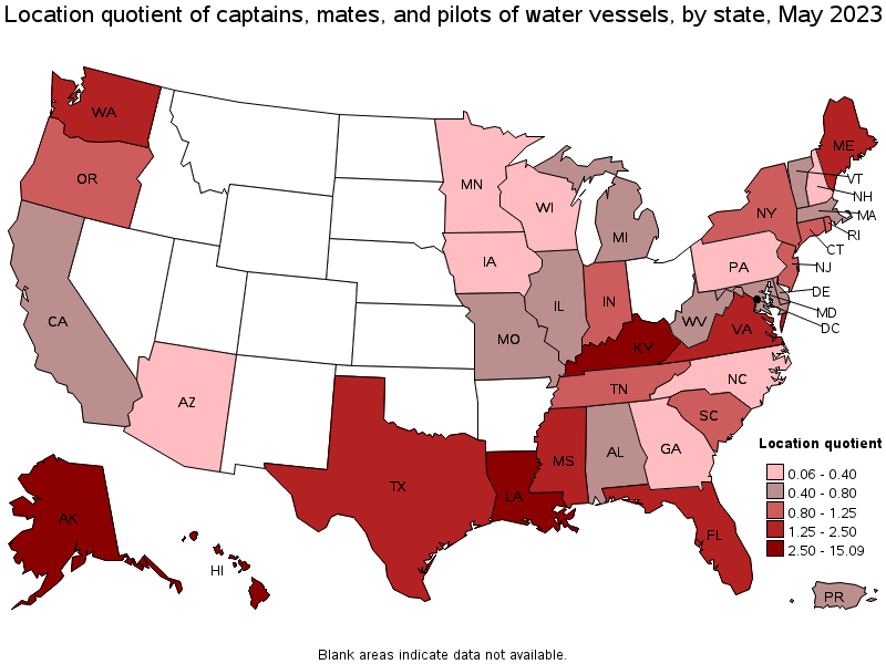 Map of location quotient of captains, mates, and pilots of water vessels by state, May 2023