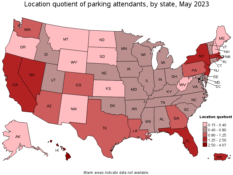 Map of location quotient of parking attendants by state, May 2023
