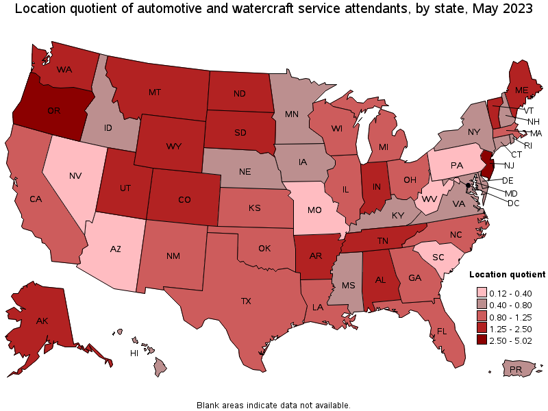 Map of location quotient of automotive and watercraft service attendants by state, May 2023