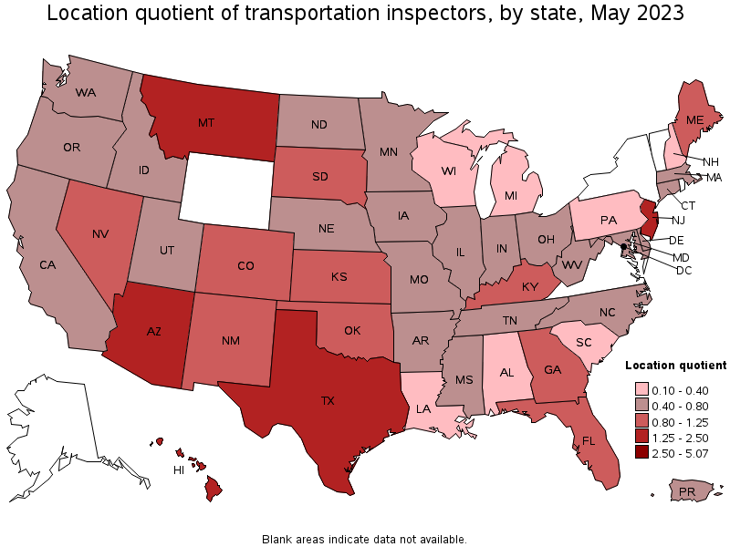 Map of location quotient of transportation inspectors by state, May 2023