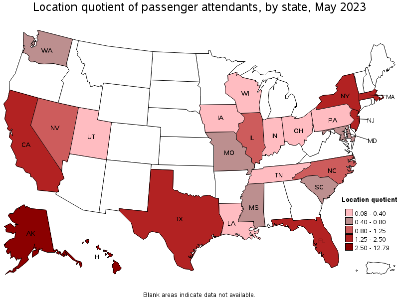 Map of location quotient of passenger attendants by state, May 2023