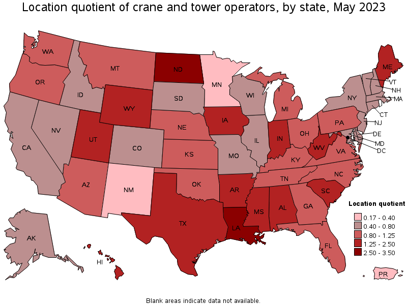 Map of location quotient of crane and tower operators by state, May 2023