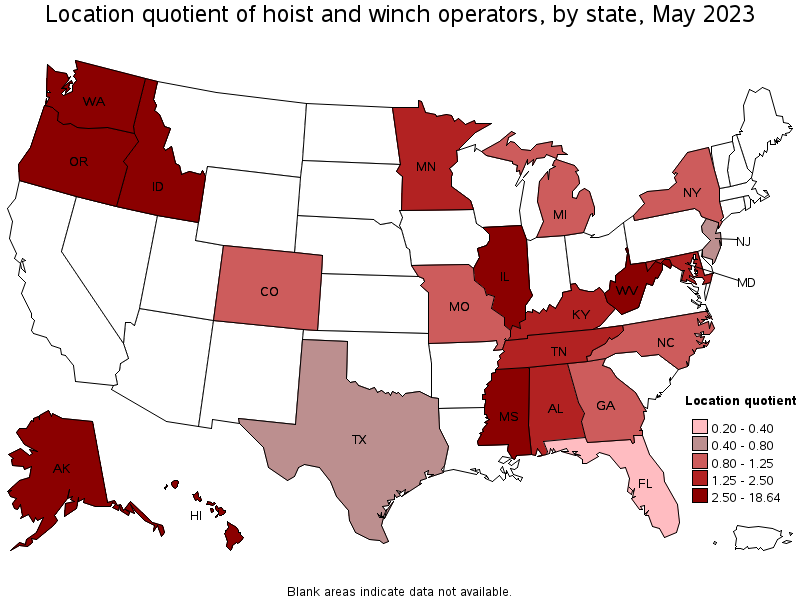 Map of location quotient of hoist and winch operators by state, May 2023