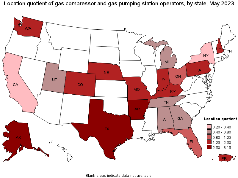 Map of location quotient of gas compressor and gas pumping station operators by state, May 2023