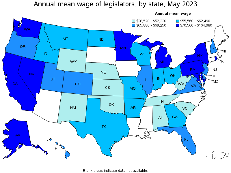Map of annual mean wages of legislators by state, May 2023