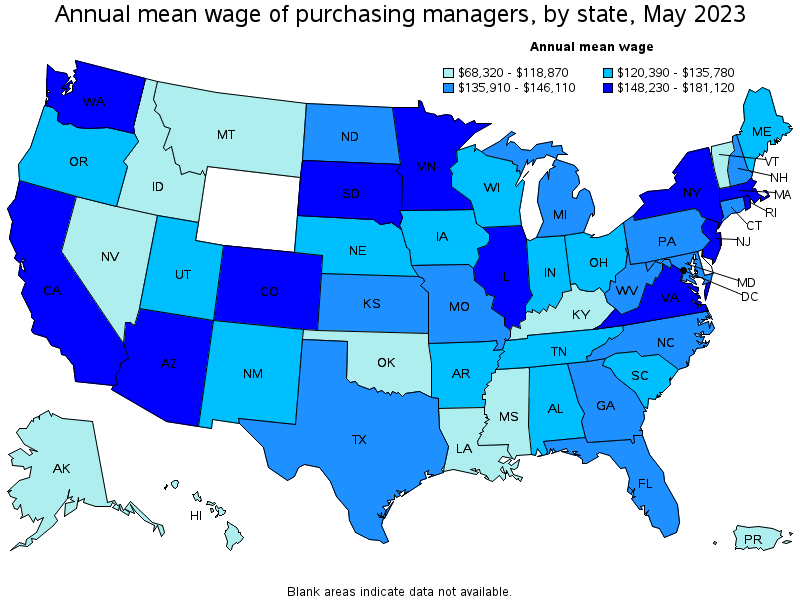 Map of annual mean wages of purchasing managers by state, May 2023