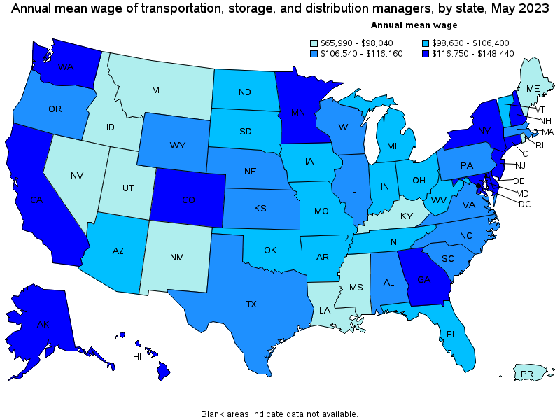 Map of annual mean wages of transportation, storage, and distribution managers by state, May 2023
