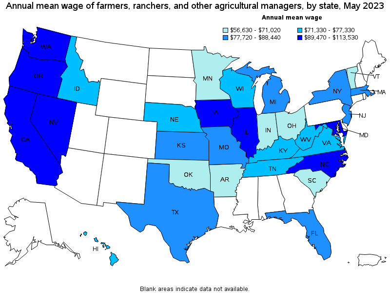 Map of annual mean wages of farmers, ranchers, and other agricultural managers by state, May 2023
