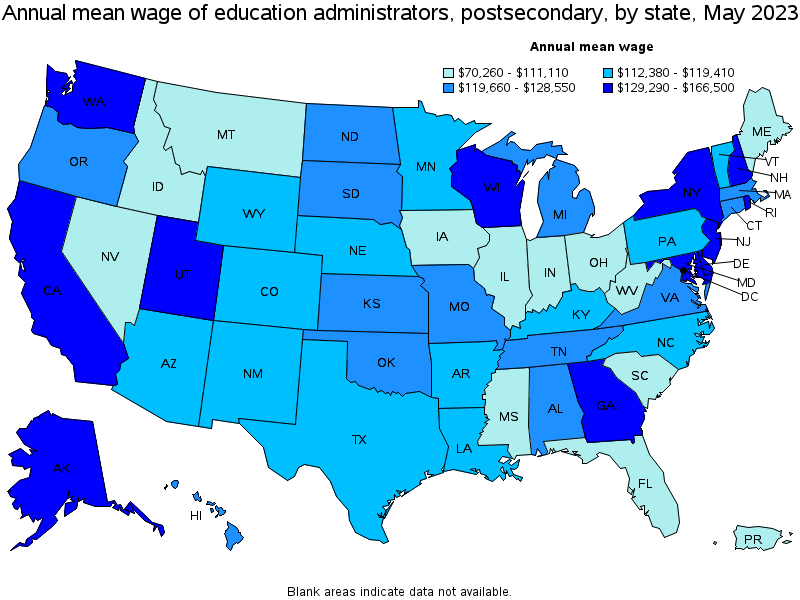 Map of annual mean wages of education administrators, postsecondary by state, May 2023