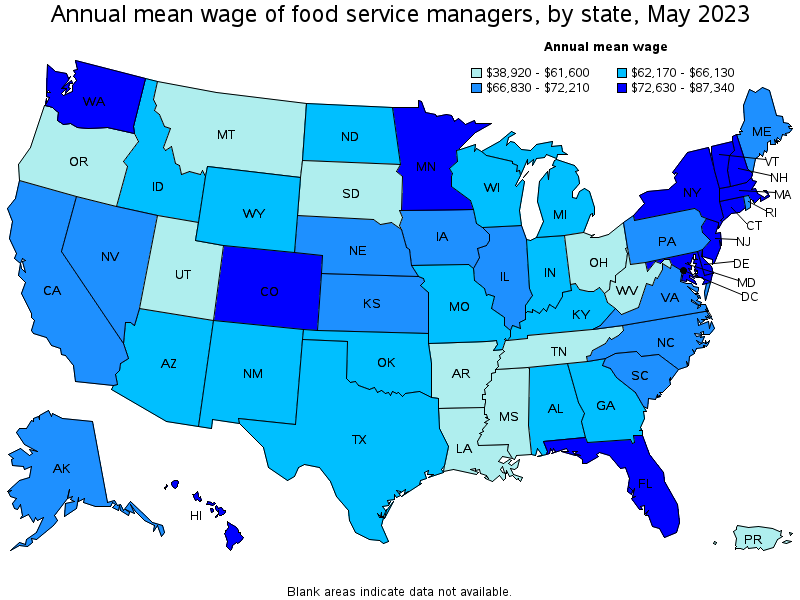 Map of annual mean wages of food service managers by state, May 2023
