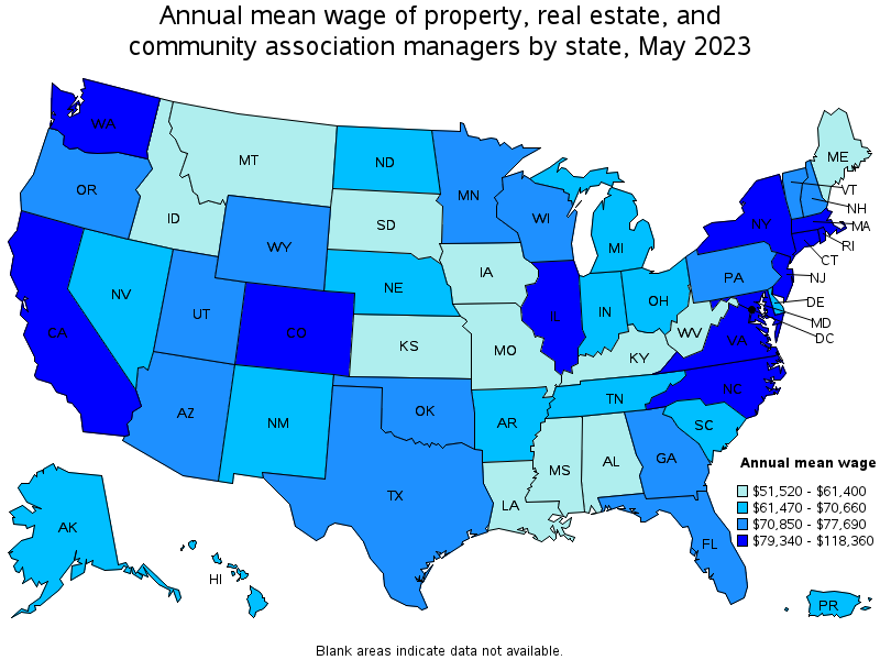 Map of annual mean wages of property, real estate, and community association managers by state, May 2023