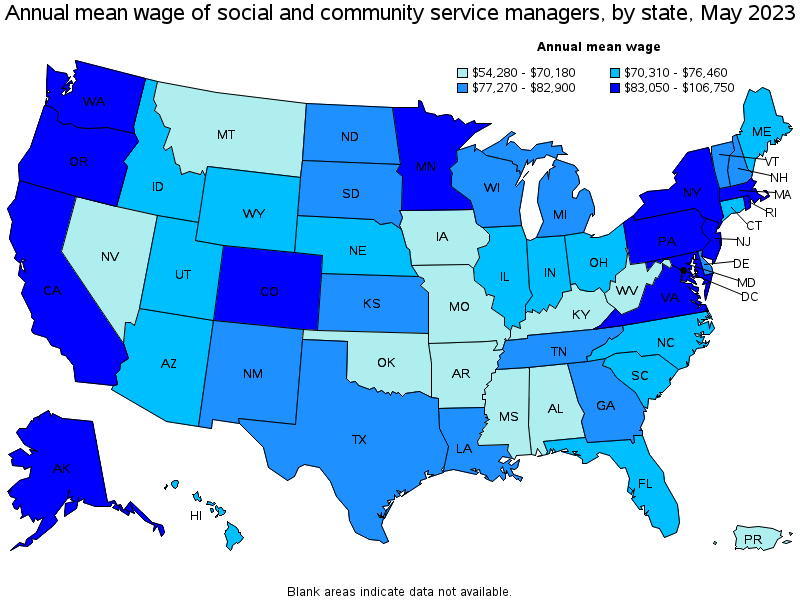 Map of annual mean wages of social and community service managers by state, May 2023