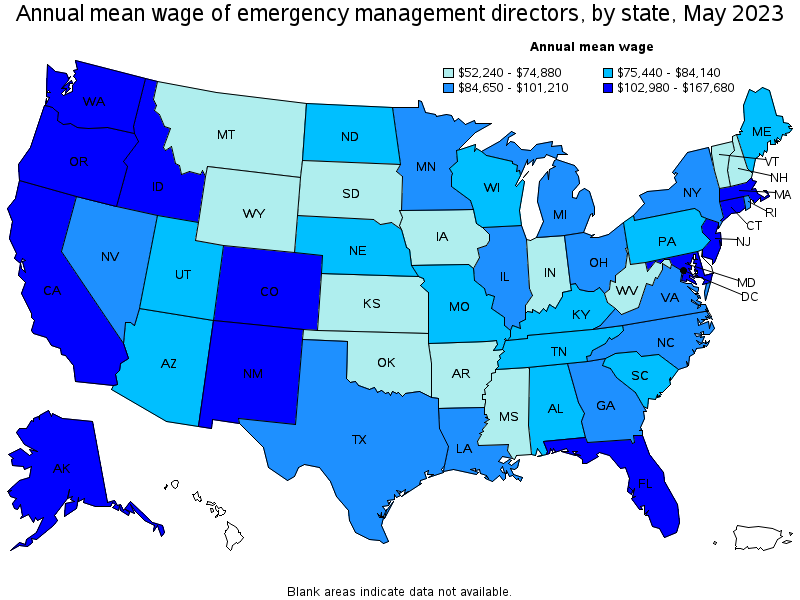 Map of annual mean wages of emergency management directors by state, May 2023