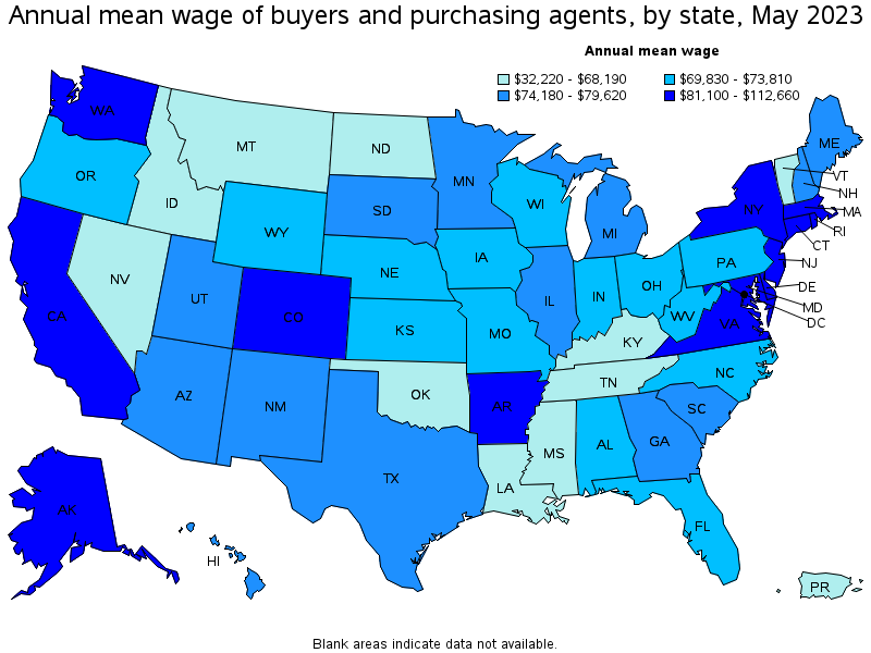 Map of annual mean wages of buyers and purchasing agents by state, May 2023