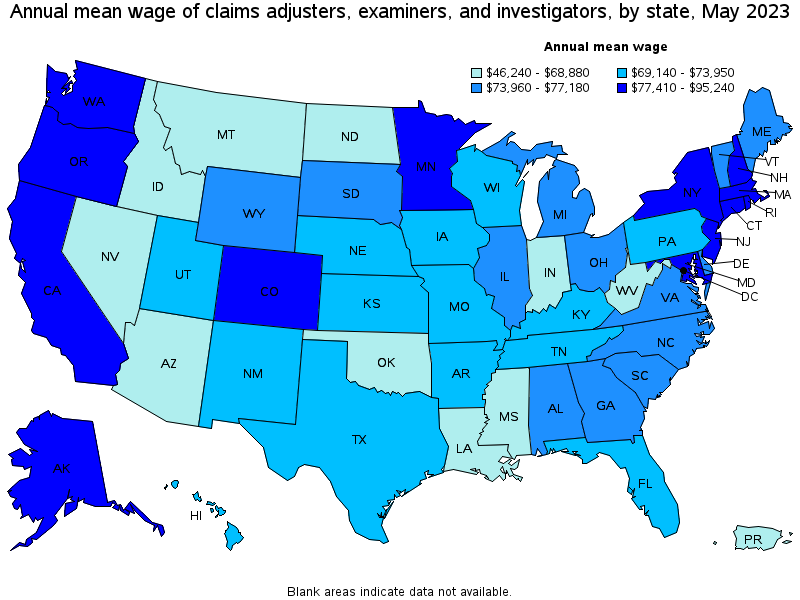 Map of annual mean wages of claims adjusters, examiners, and investigators by state, May 2023