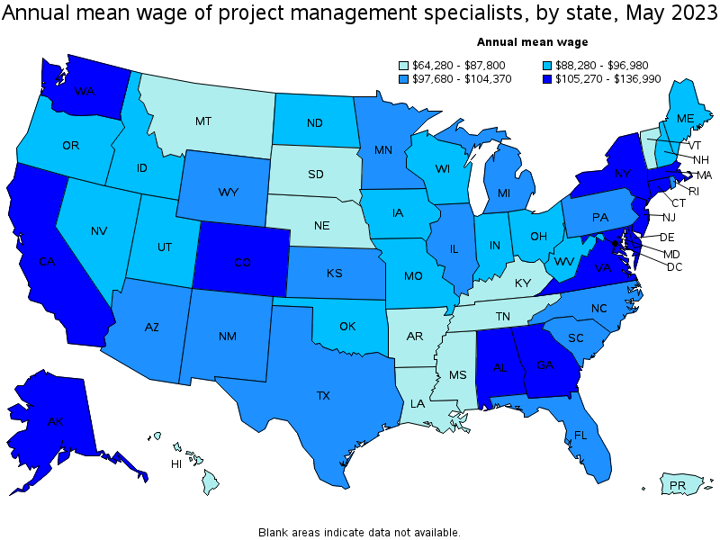 Map of annual mean wages of project management specialists by state, May 2023