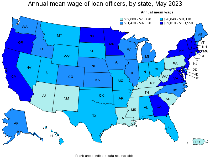 Map of annual mean wages of loan officers by state, May 2023