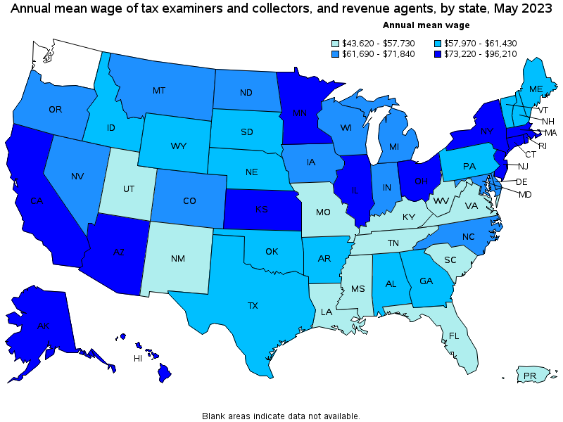 Map of annual mean wages of tax examiners and collectors, and revenue agents by state, May 2023
