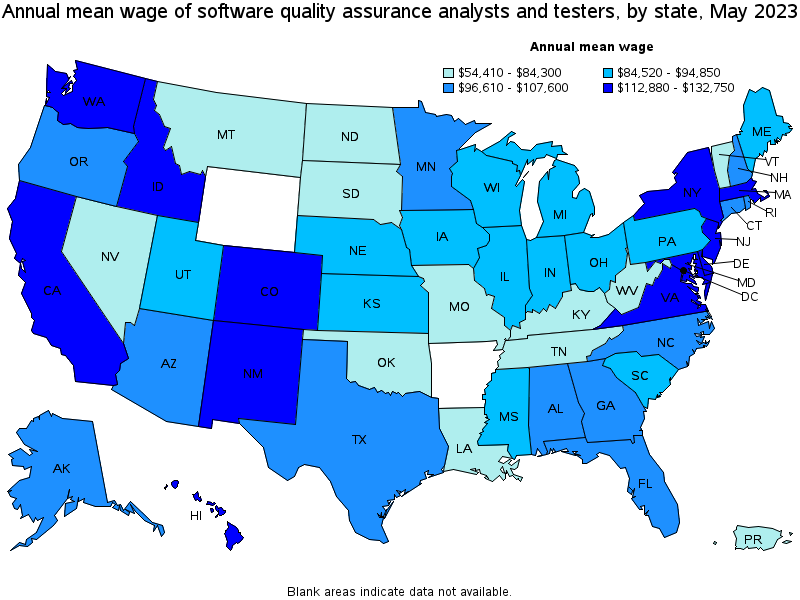 Map of annual mean wages of software quality assurance analysts and testers by state, May 2023