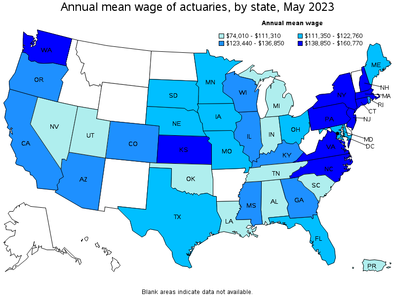 Map of annual mean wages of actuaries by state, May 2023
