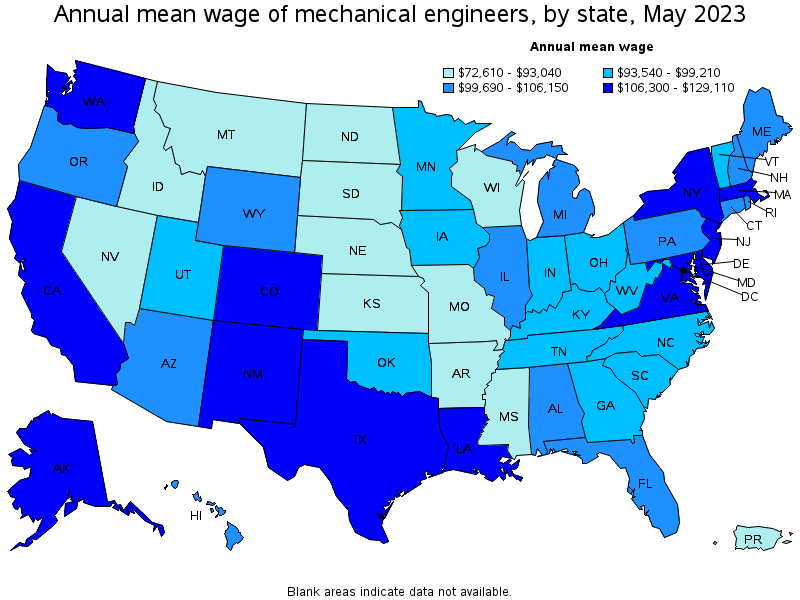 Map of annual mean wages of mechanical engineers by state, May 2023