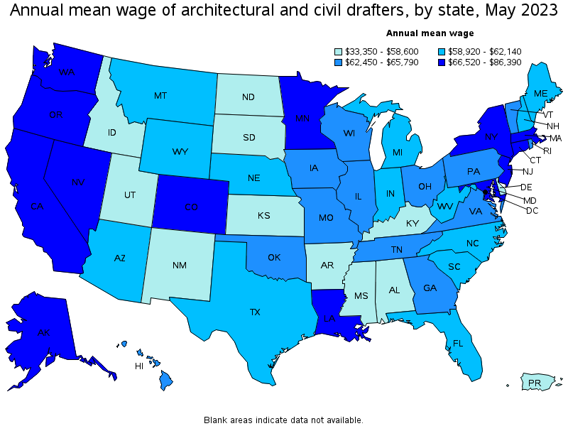 Map of annual mean wages of architectural and civil drafters by state, May 2023