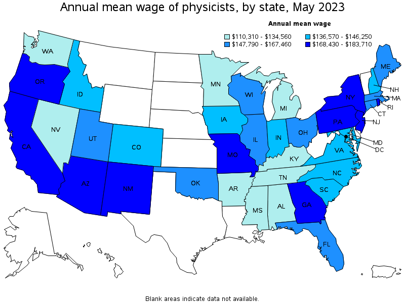 Map of annual mean wages of physicists by state, May 2023