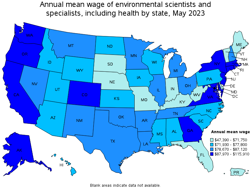 Map of annual mean wages of environmental scientists and specialists, including health by state, May 2023