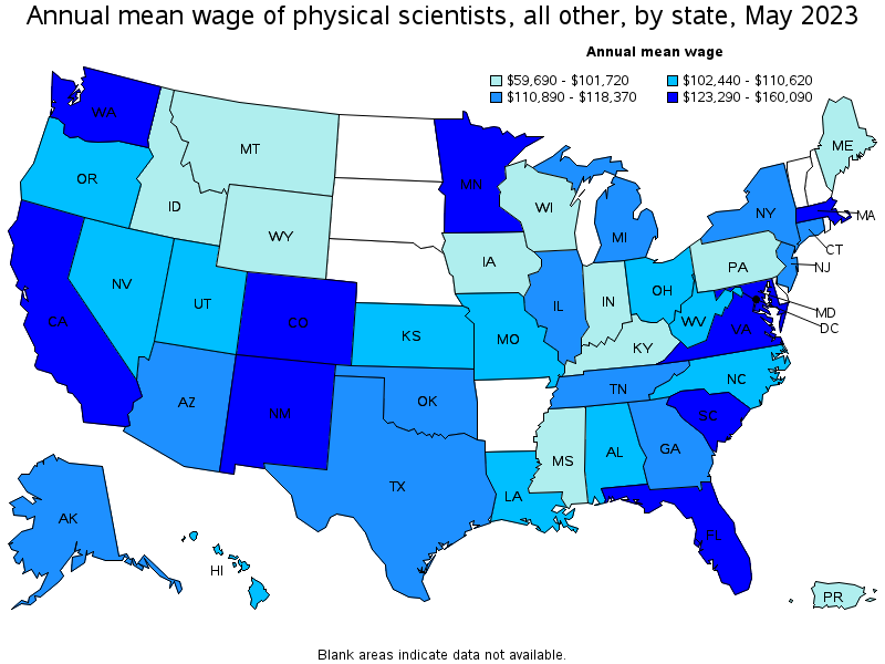 Map of annual mean wages of physical scientists, all other by state, May 2023