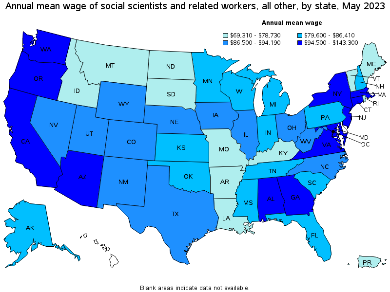 Map of annual mean wages of social scientists and related workers, all other by state, May 2023